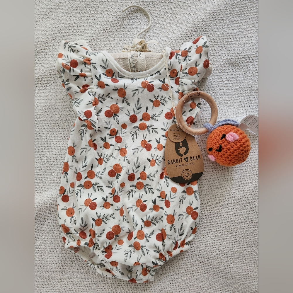 Rabbit & Bear Orange Print Baby Romper W/Rattle
